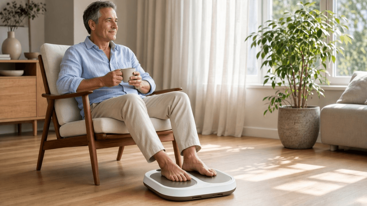 Man med kaffekopp och fötterna på PEMF-plattan i morgonljus