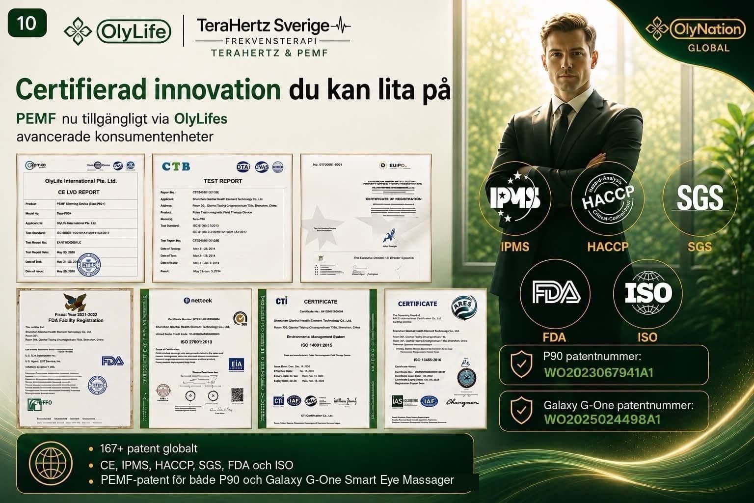 Marknadsföringskollage med påstådda certifikat. Inte originalhandlingar.
